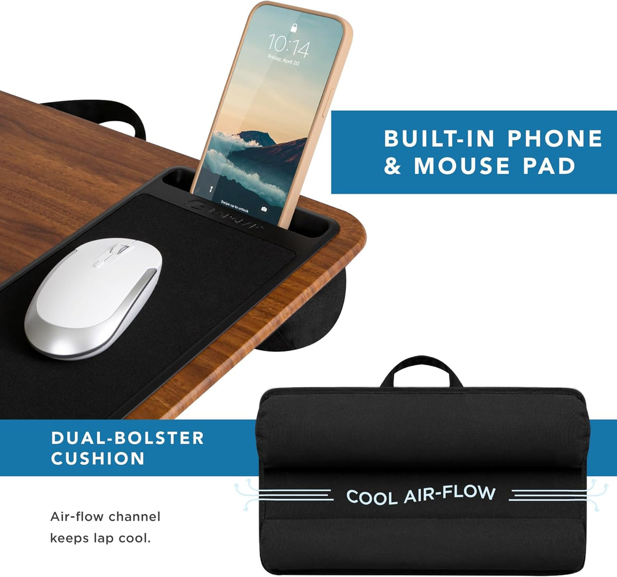 LAPGEAR Home Office Pro Lap Desk with Wrist Rest, Mouse Pad, and Phone Holder - Black Carbon - Fits up to 15.6 Inch Laptops - Style No. 91598
