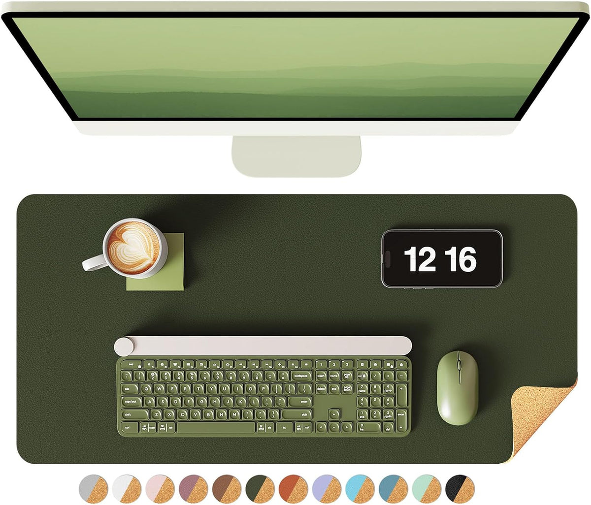 Double-Sided Desk Pad, 31.5"x15.7"Leather Desk Mat, Eco Cork Desk Pad Protector,Large Mouse Pad,Waterproof Desk Blotter for Office/Home(Coffee)