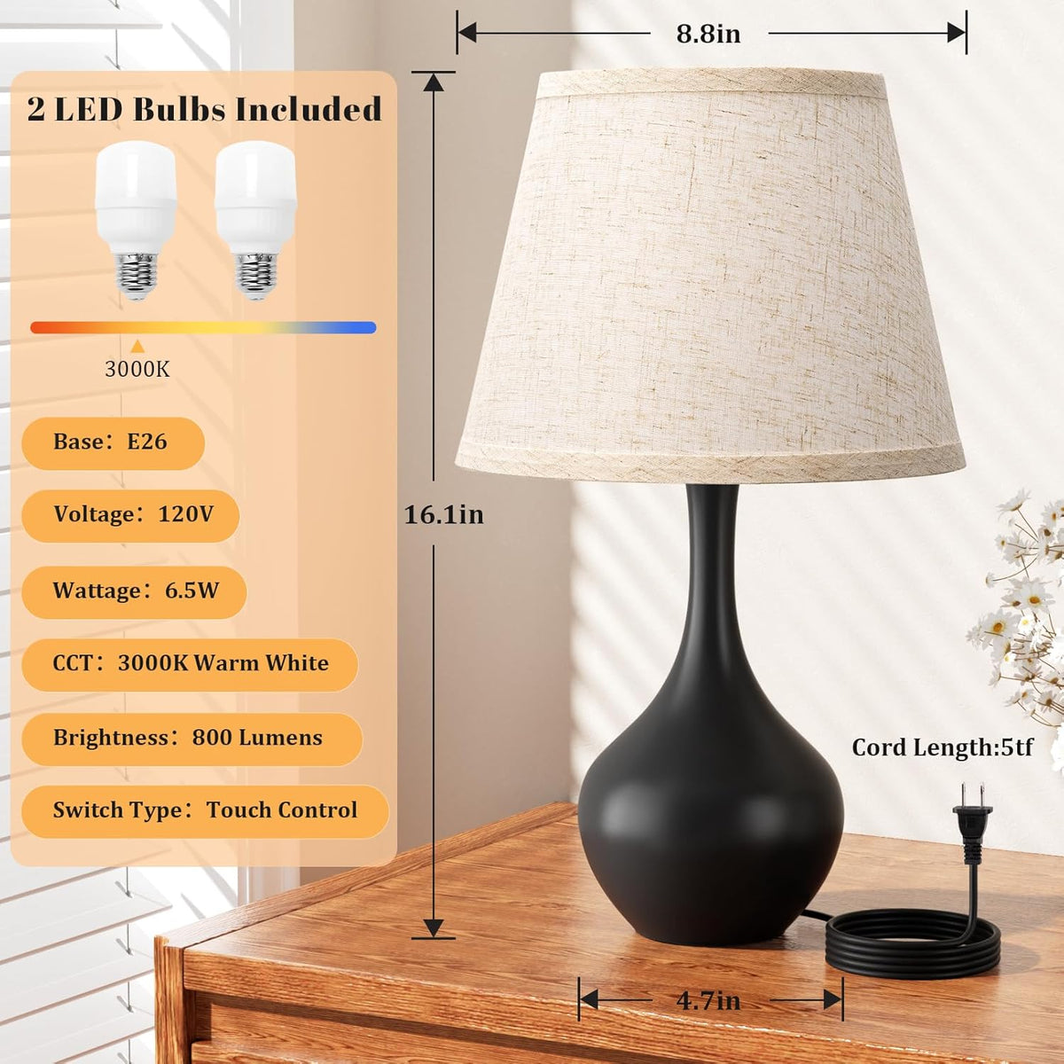 Seealle Touch Table Lamp for Bedroom, 3-Way Dimmable Small Bedside Lamps for Night Stands with Wires, Wood-Paint Desk Lamp for Kids Room, Office, Living Room, End Table(LED Bulb Included)