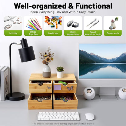 Desk Organizer, Office Vanity Bamboo Desk Organizer, Mini Bamboo Desk Drawer Tabletop Storage Box with 2 Drawer Night Stand Table Organizer for Makeup Vanity Office Supplies (2 Drawer)