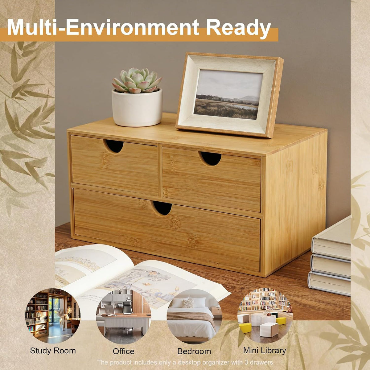 Desk Organizer, Office Vanity Bamboo Desk Organizer, Mini Bamboo Desk Drawer Tabletop Storage Box with 2 Drawer Night Stand Table Organizer for Makeup Vanity Office Supplies (2 Drawer)