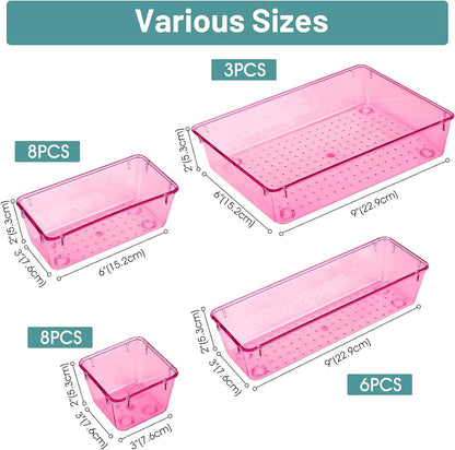 WOWBOX 25 PCS Clear Plastic Drawer Organizer Set, 4 Sizes Desk Drawer Divider Organizers and Storage Bins for Makeup, Jewelry, Gadgets for Kitchen, Bedroom, Bathroom, Office