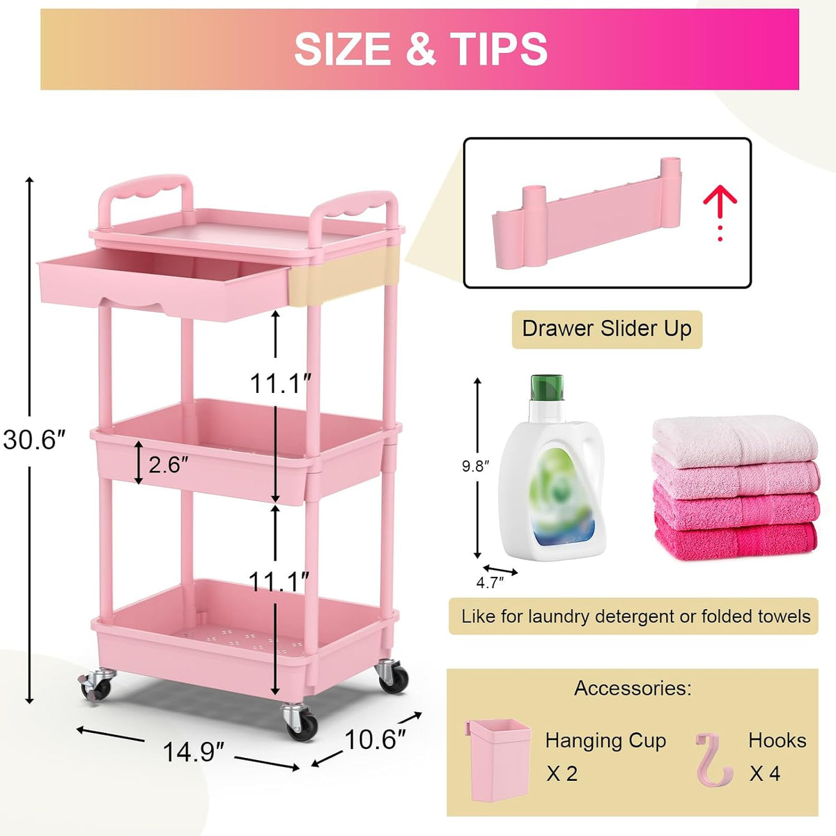 Goovilla 3 Tier Rolling Utility Cart Organizer with Removable Drawer, Stable and Sturdy Black Rolling Storage Carts with 2 Lockable Wheels for Bathroom, Kitchen, Snack, Craft, Makeup, Baby Essentials