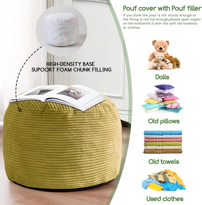 Round Stuffed Pouf Ottoman, Corduroy Poufs with Foam Chunk Filling, Furry and Fluffy Pouf Foot Stool Storage Ottoman, 20 X 15 Floor Poufs Foot Rest for Living Room, Dark Grey