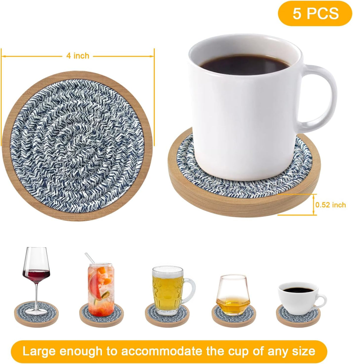 Wood Coasters for Drinks, Eykao Absorbent Coaster Sets of 5, Woven Drink Coasters for Coffee Table, Housewarming Gift for Farmhouse Home Decor,4 inches
