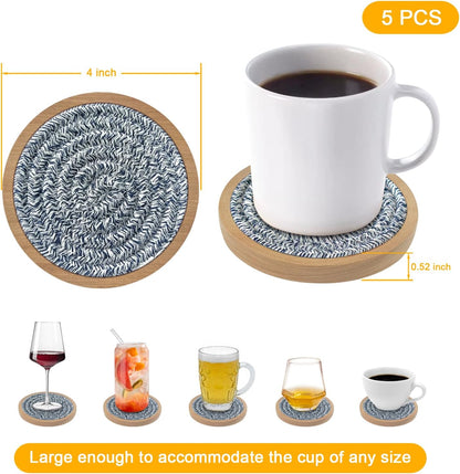 Wood Coasters for Drinks, Eykao Absorbent Coaster Sets of 5, Woven Drink Coasters for Coffee Table, Housewarming Gift for Farmhouse Home Decor,4 inches