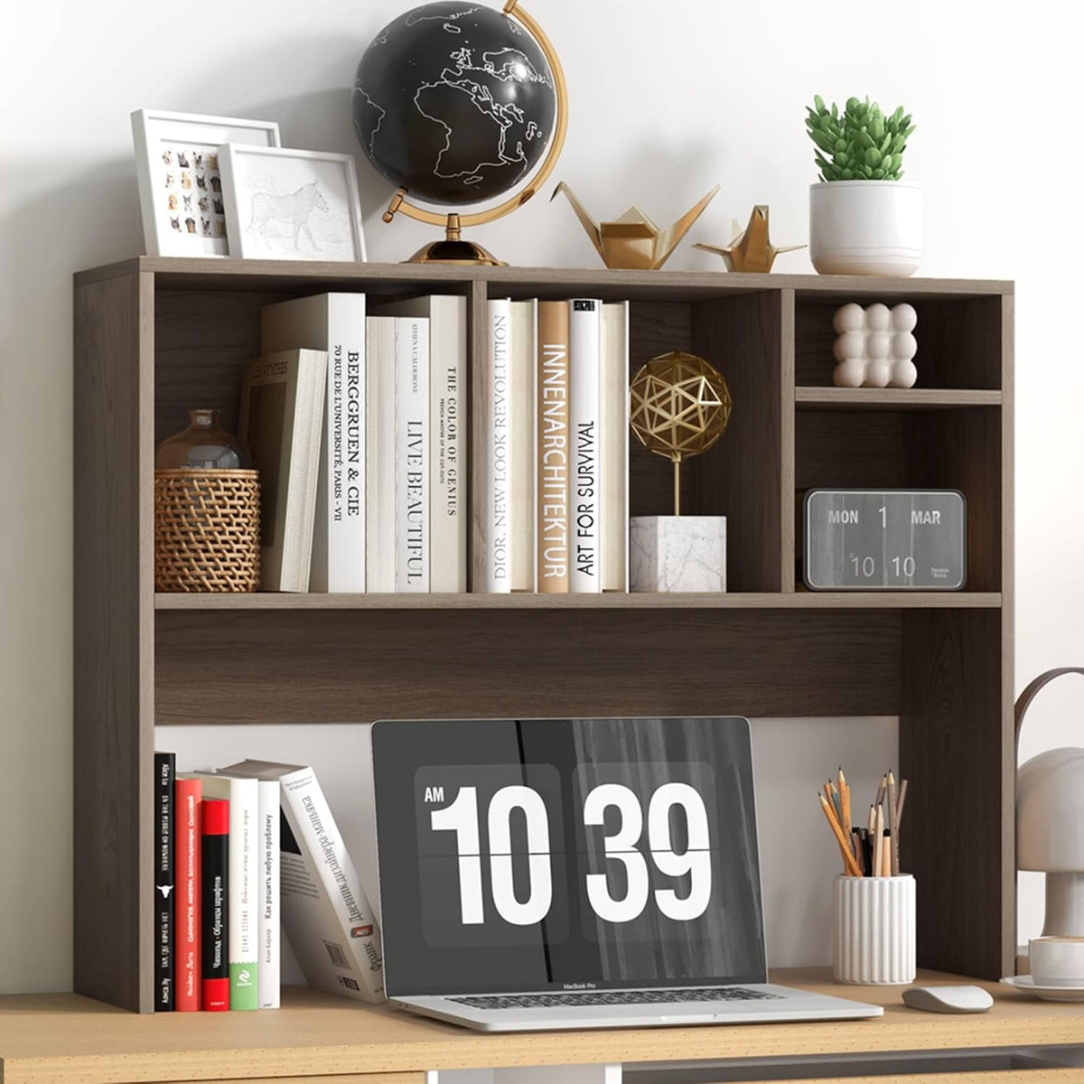 Desktop Bookshelf, Countertop Storage Hutch with 5 Shelves for Computer Desk, Desk 3-Tier Display Rack, Multipurpose Wood Desktop Hutch Storage Organizer for Dorm Office Home
