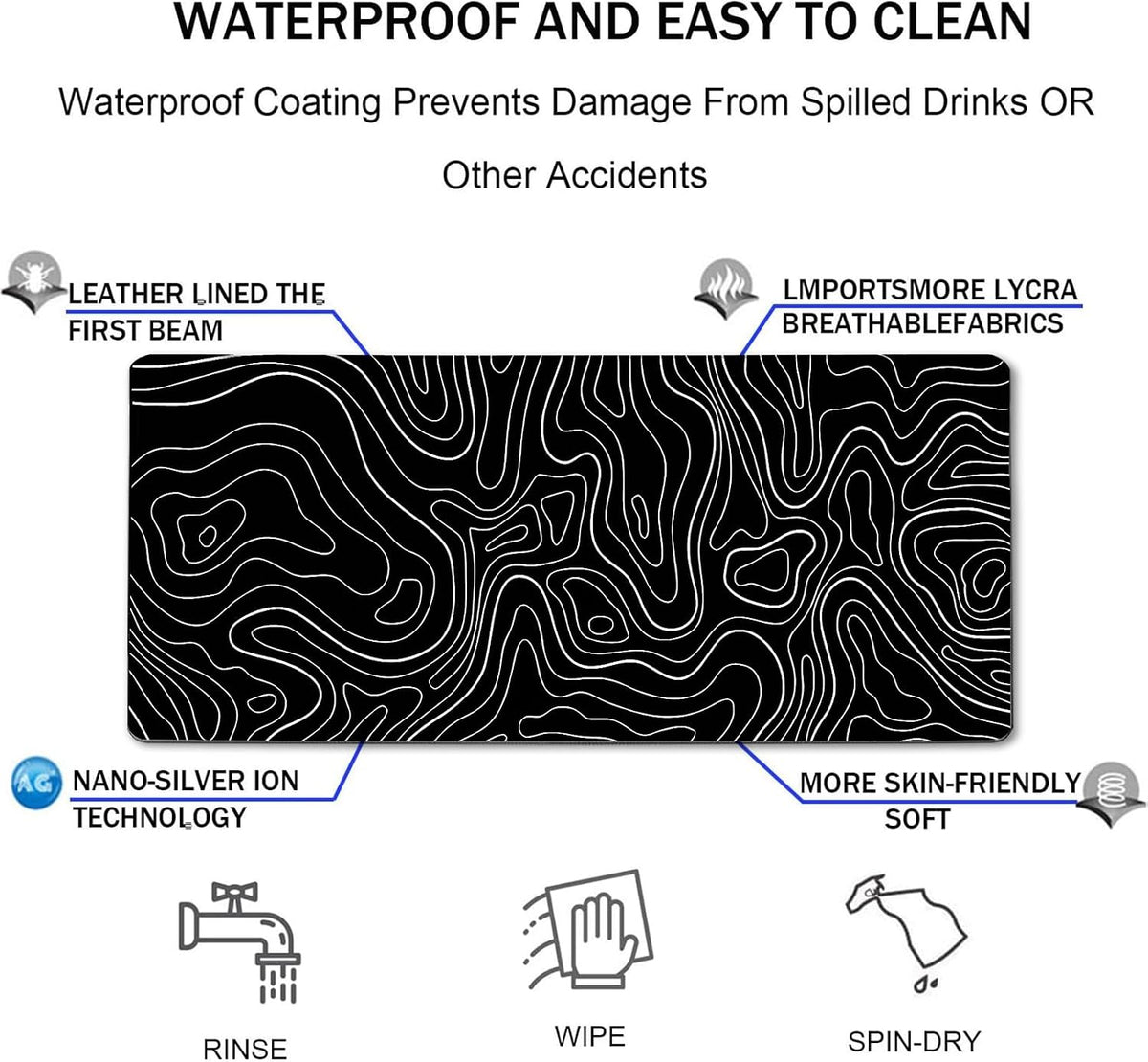 31.5" x 15.7" Waterproof Fabric Desk Pad, Rubber Anti-Slip Base, Stitched Edges No Curling, Fits Laptop Keyboard and Mouse, Smooth Office Mat Large Mouse Pad for Work Game, Black