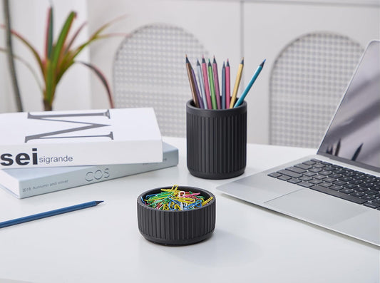 Aotea Crafts Mondern Concrete Paper Clip Holder for Desk- Aesthetic Fluted Paperclip Holder for Desk - Sturdy Minimalist Paper Clip Organizer Dispenser - Large Capacity & Charcoal Black
