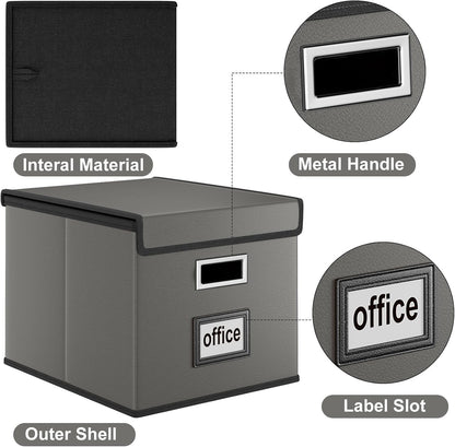 Upgraded Portable File Organizer Box with Lid, Collapsible Linen Hanging Filing Storage Boxes with Plastic Slides, Decorative Home/Office Filing System Box for File and Folders Storage (Gray)