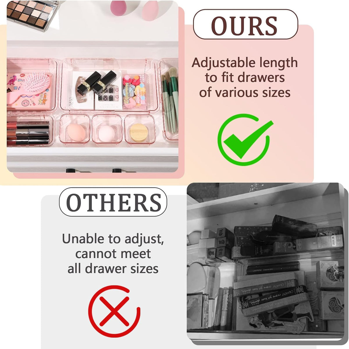 Adjustable Clear Drawer Organizer, Extendable Vanity Storage Bins, Desk Drawer Organizer Set for Makeup, Cosmetics, Bedroom, and Gadgets, Purple