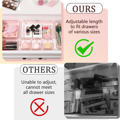 Adjustable Clear Drawer Organizer, Extendable Vanity Storage Bins, Desk Drawer Organizer Set for Makeup, Cosmetics, Bedroom, and Gadgets, Purple