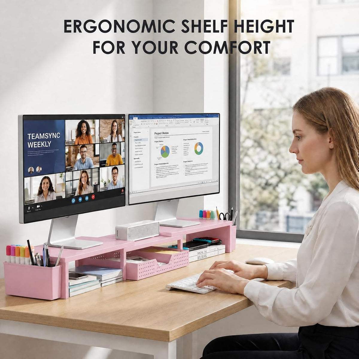 OPNICE Desk Organizers and Accessories, Dual Monitor Stand Riser with Drawer and 2 Pen Holders, Desk Shelf Metal Computer Racks for Office Workspace Organizers, Desktop Organization (Black Metal)