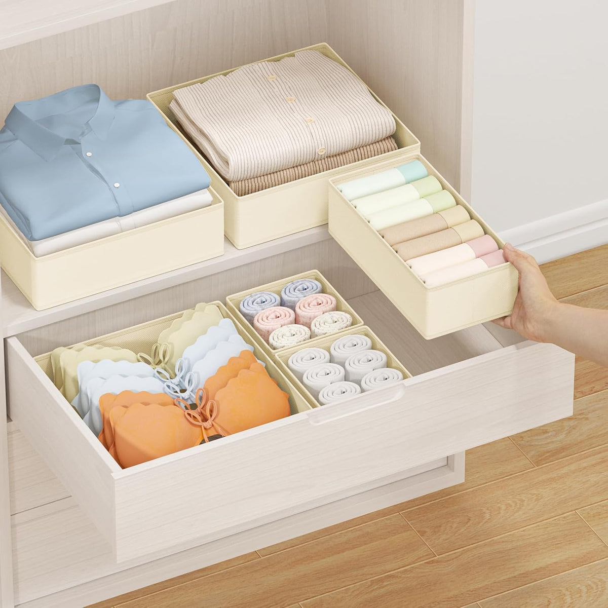Drawer Organizer Clothes, Dresser Organizer, Foldable Closet Organizers and Storage, Fabric Dresser Bins, Drawer Dividers for Nursery, Baby Clothes, Underwears, Sock (Beige)