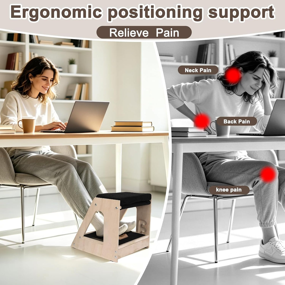 Natheeph Wooden Foot Rest Under Desk at Work – 3-Height Adjustable Ergonomic Foot Stool with Massage Roller on Lower Deck & Foam Upper Pad for Office, Home, Gaming, Non-Slip Base
