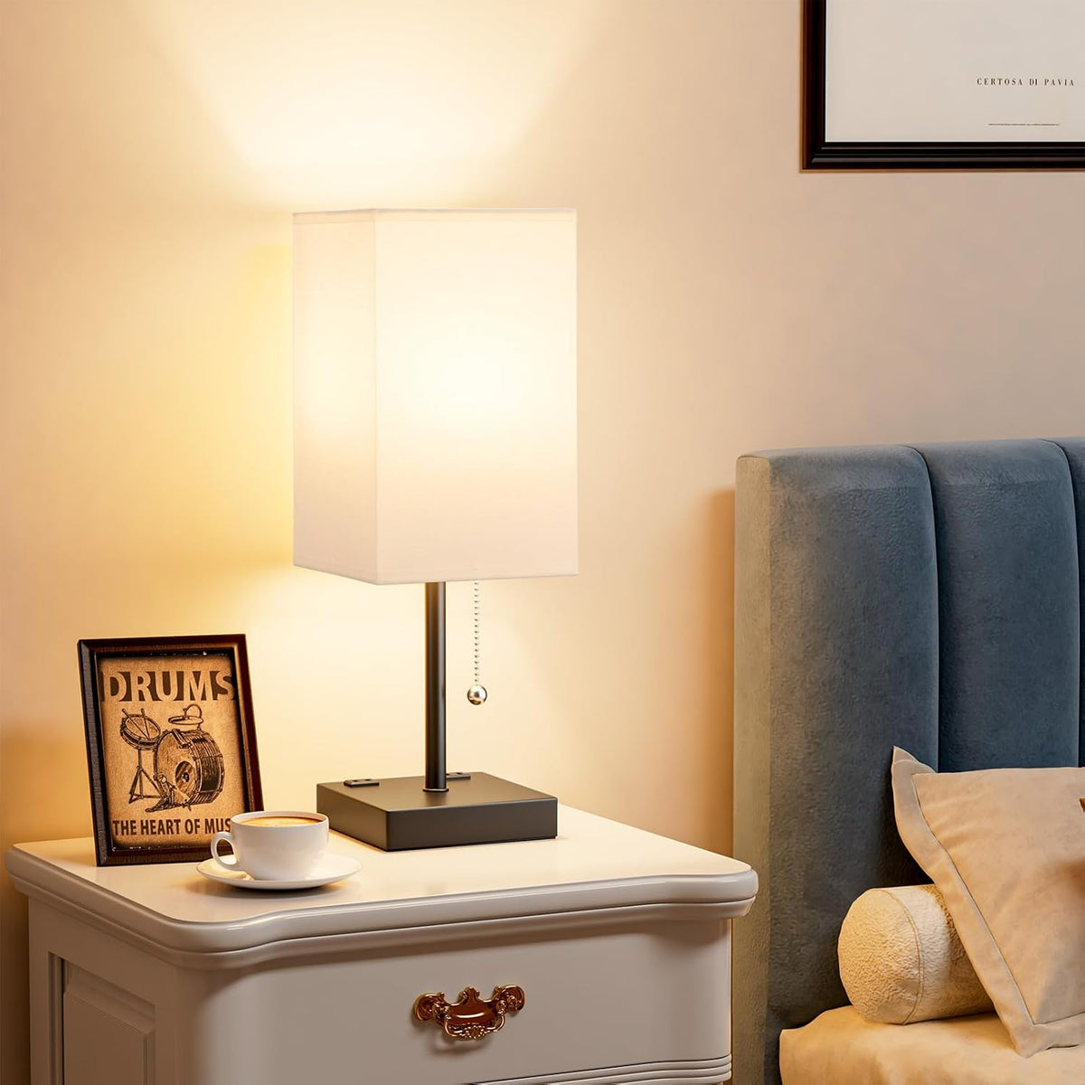 Wood-Grain Small Bedside Lamp for Bedroom - Square Cream Fabric Shade
