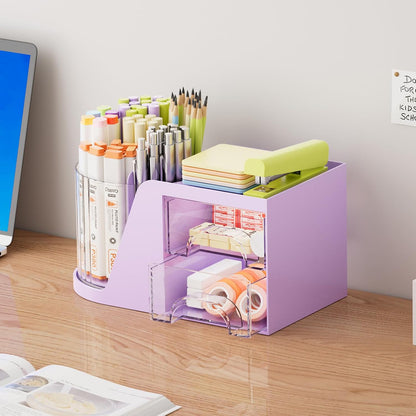 Marbrasse Desk Organizer with 2 Drawer, 360°Rotating Pen Holder, Desk Organizers and Accessories with 6 Slots Pencil Organizer + 2 Drawer, Art Supply Storage Box Caddy for Office (White)
