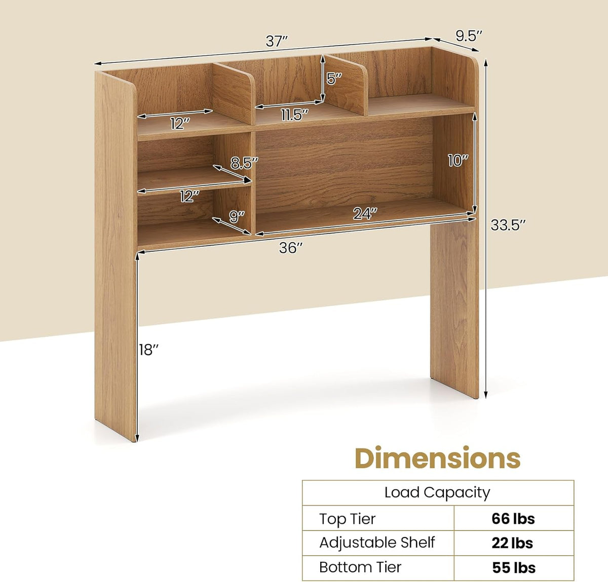 Desktop Bookshelf, Countertop Storage Hutch with 5 Shelves for Computer Desk, Desk 3-Tier Display Rack, Multipurpose Wood Desktop Hutch Storage Organizer for Dorm Office Home