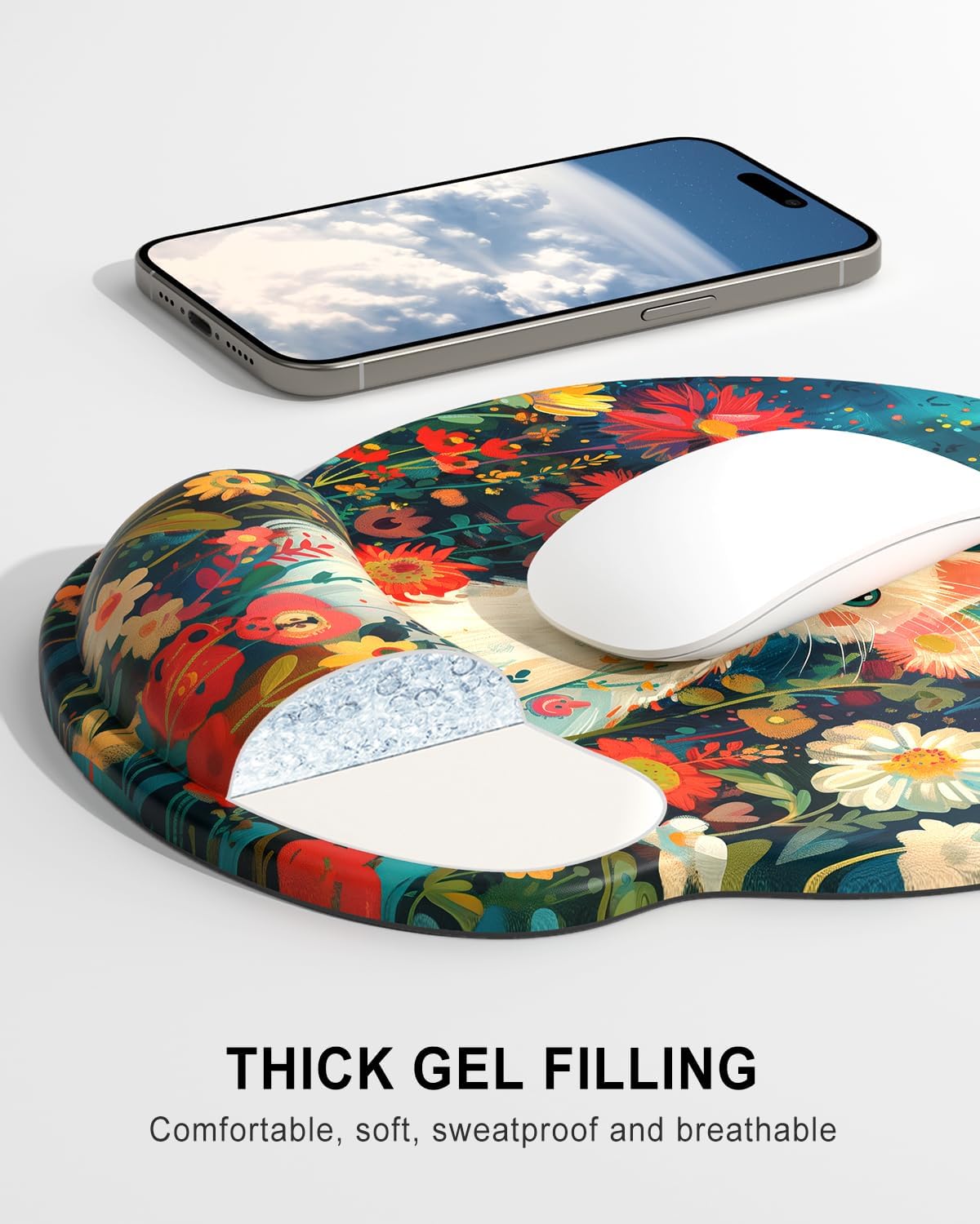 Ergonomic Mouse Pad with Wrist Rest, Comfortable Silicone Non-Slip Computer Pain Relief Gel Mouse Mat with Wrist Support for Gaming, Work, Office, Women & Men, Cute Pattern, Beige