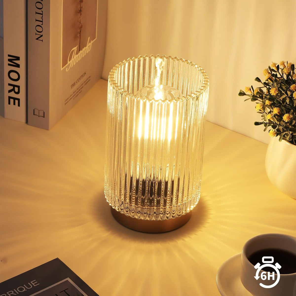 Battery Operated Lamp, Cordless Table Lamp with Timer, Desk Bedside Lamps with LED Warm Light, Glass Small Table Lamp for Bedroom, Bathroom, Living Room, Home Decor - Amber
