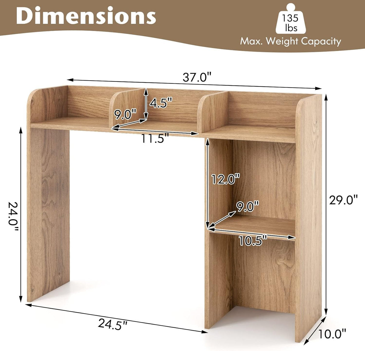 Desktop Bookshelf, Countertop Storage Hutch with 5 Shelves for Computer Desk, Desk 3-Tier Display Rack, Multipurpose Wood Desktop Hutch Storage Organizer for Dorm Office Home