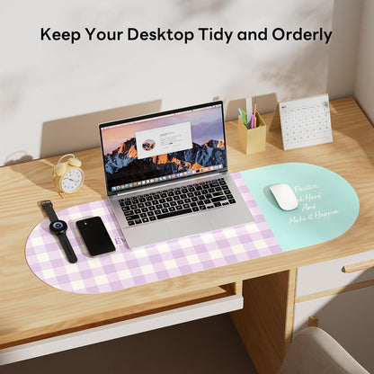 Checkered Pattern Desk Pad Protector, 35.5 x 13'' Aesthetic Mouse Mat for Desktop, Waterproof PU Leathe Non-Slip Desk Writing Pad for Office and Home, Green and Purple
