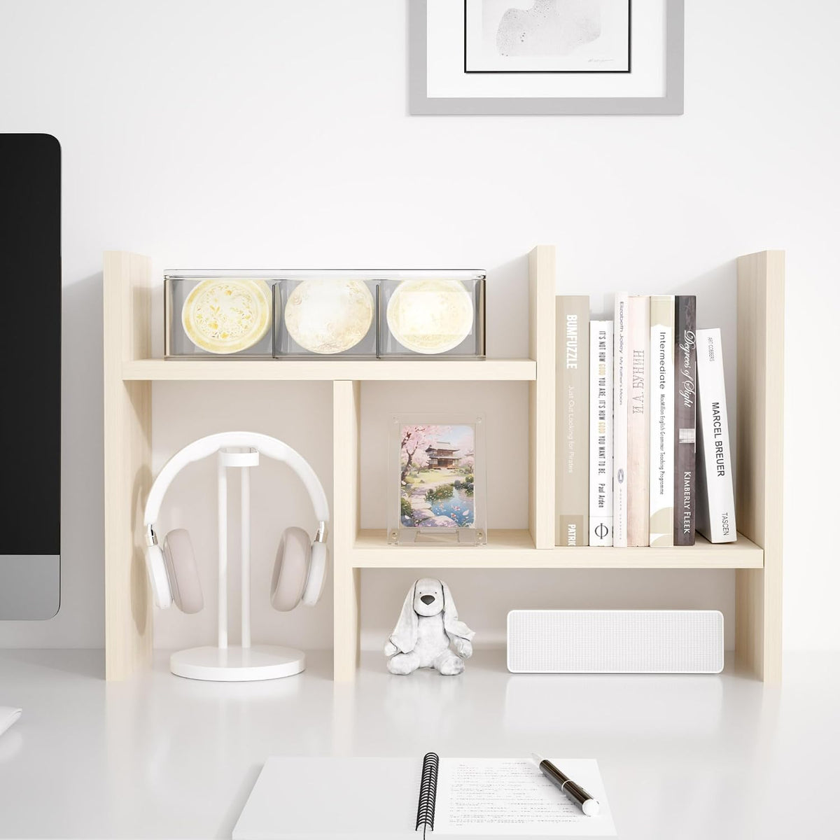Jerry & Maggie Desktop Organizer Office Storage Rack Adjustable Wood Display Shelf Free Style Double H, Multi-Functional Mini Bookshelf for Desk Natural Stand (White)