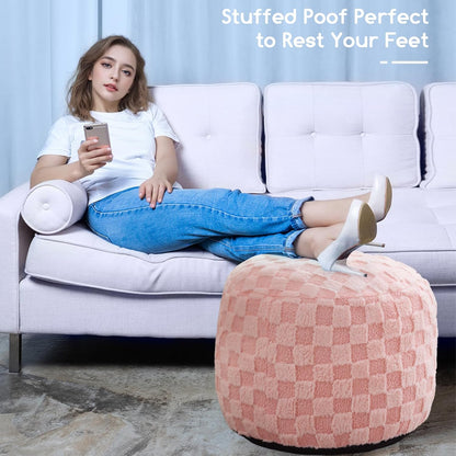 Round Stuffed Pouf Ottoman, Corduroy Poufs with Foam Chunk Filling, Furry and Fluffy Pouf Foot Stool Storage Ottoman, 20 X 15 Floor Poufs Foot Rest for Living Room, Dark Grey