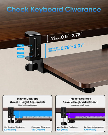 Small Keyboard Tray Under Desk, Pull Out Keyboard & Mouse Tray with Adjustable C-clamp, 20(25.9 Including Clamps) x 11.8 Inch Slide Out Computer Keyboard Drawer Mouse Tray for Typing, Walnut