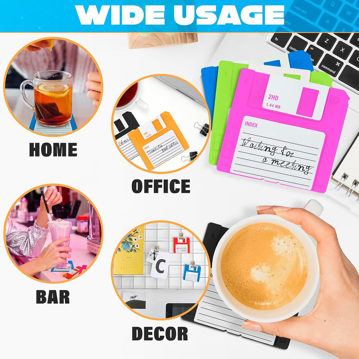 6 Pcs Retro Floppy Coaster for Desk, 3.54"x3.54", Non-Slip Silicone
