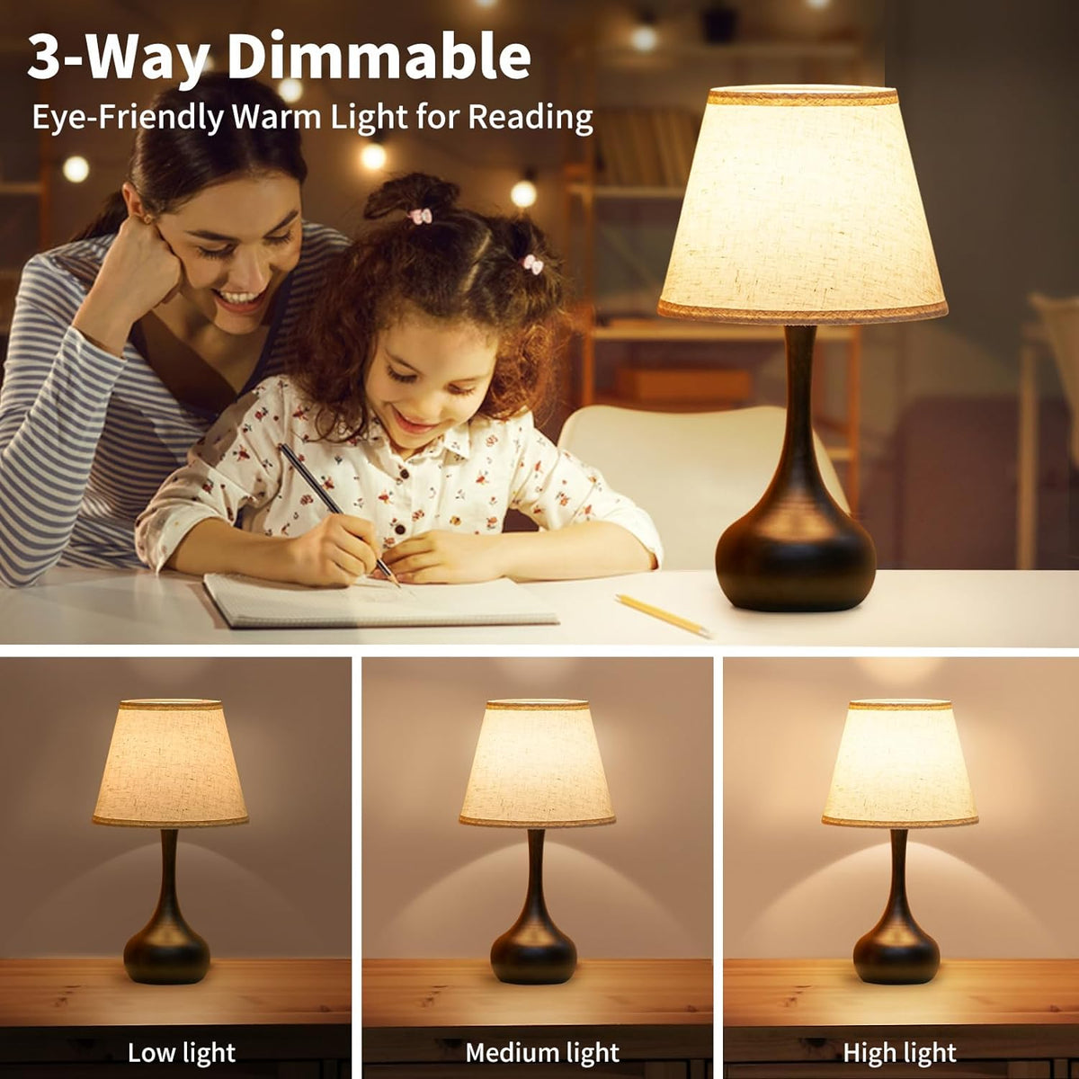 ONEWISH Touch Bedside Lamp for Bedroom, 3-Way Dimmable Farmhouse Table Lamps for Nightstand with Fabric Shade, Desk Lamp for Kids Reading, Home Office
