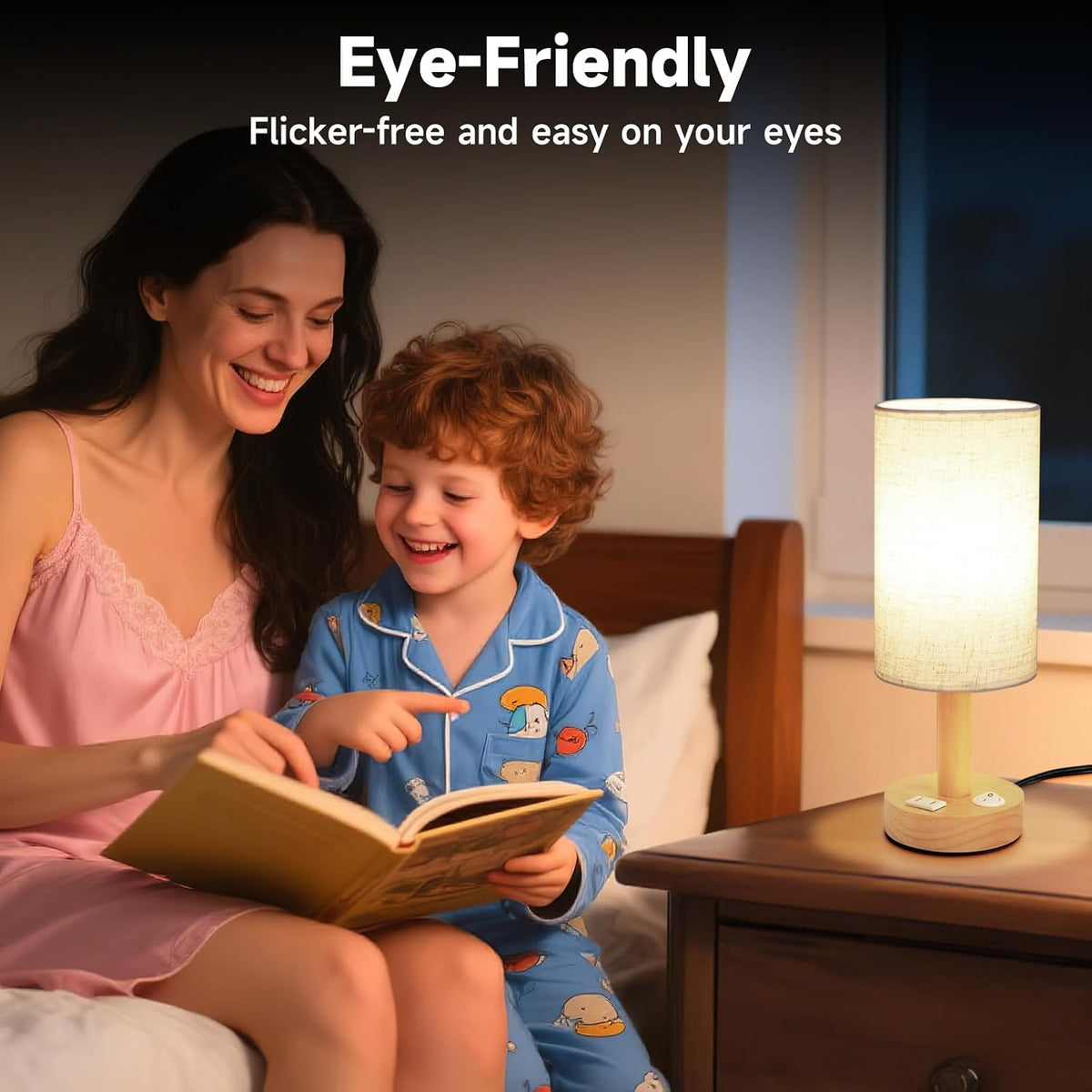 Small Bedside Table Lamp for Bedroom,Natural Round Wood Base&Fabric Linen Shade,Cozy Night Table Light for Study Reading,Minimalist Boho Desk Lamp for Nightstand,Living Room,Nursery,Kitchen,Dorm