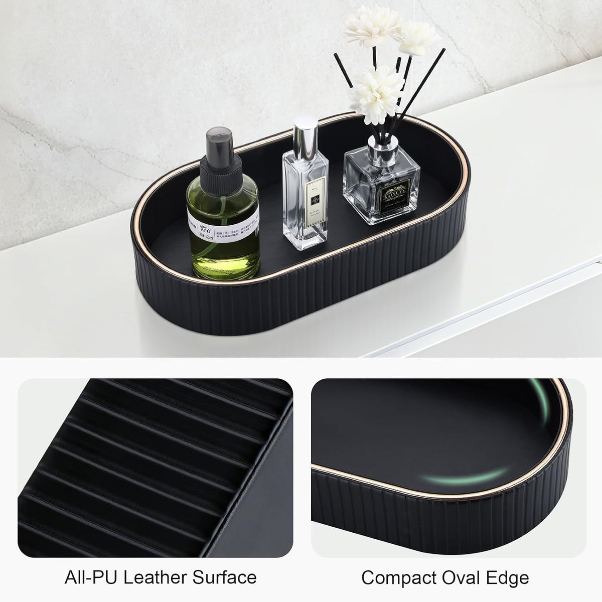 GORESE PU Leather Perfume Tray Nightstand Organizer, Small Oval Desk Tray Jewelry Trinket Trays Valet Organizer Key Bowl for Entryway Dresser Bathroom, Catchall Trays for Men Women, 11×5.9 in, Beige