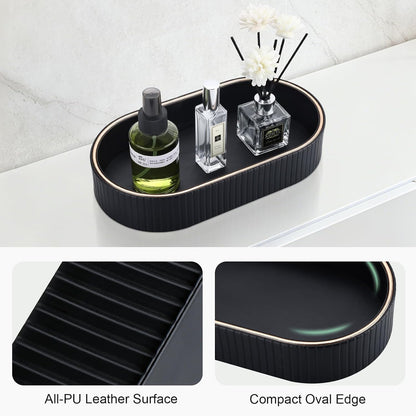 GORESE PU Leather Perfume Tray Nightstand Organizer, Small Oval Desk Tray Jewelry Trinket Trays Valet Organizer Key Bowl for Entryway Dresser Bathroom, Catchall Trays for Men Women, 11×5.9 in, Beige