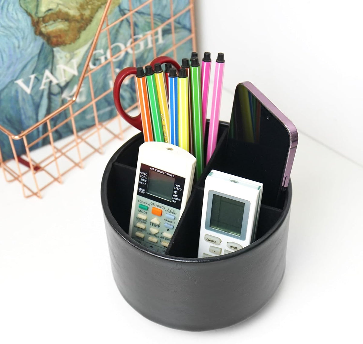 Round Leather Art Supply Organizer,Remote Control Holder,360 Degree Rotating,Multi-Functional Pencil Holder,4 Compartments Desktop Stationary Organizer(1-Blue Bird) - Colors A