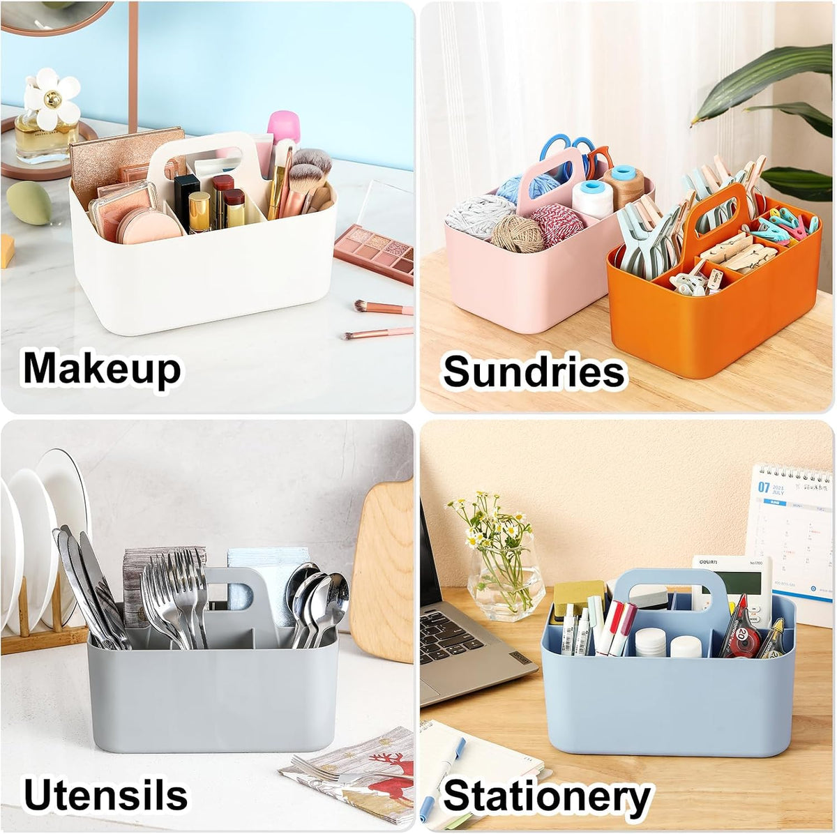 Multiuse Caddy Organizer with Handle, Portable Divided Plastic Tote Bin - Art Craft, Stationary Pen Marker Crayons, Makeup Hair Supplies Storage - Bathroom, Classroom, Dorm, Office, Desk Holder -Black