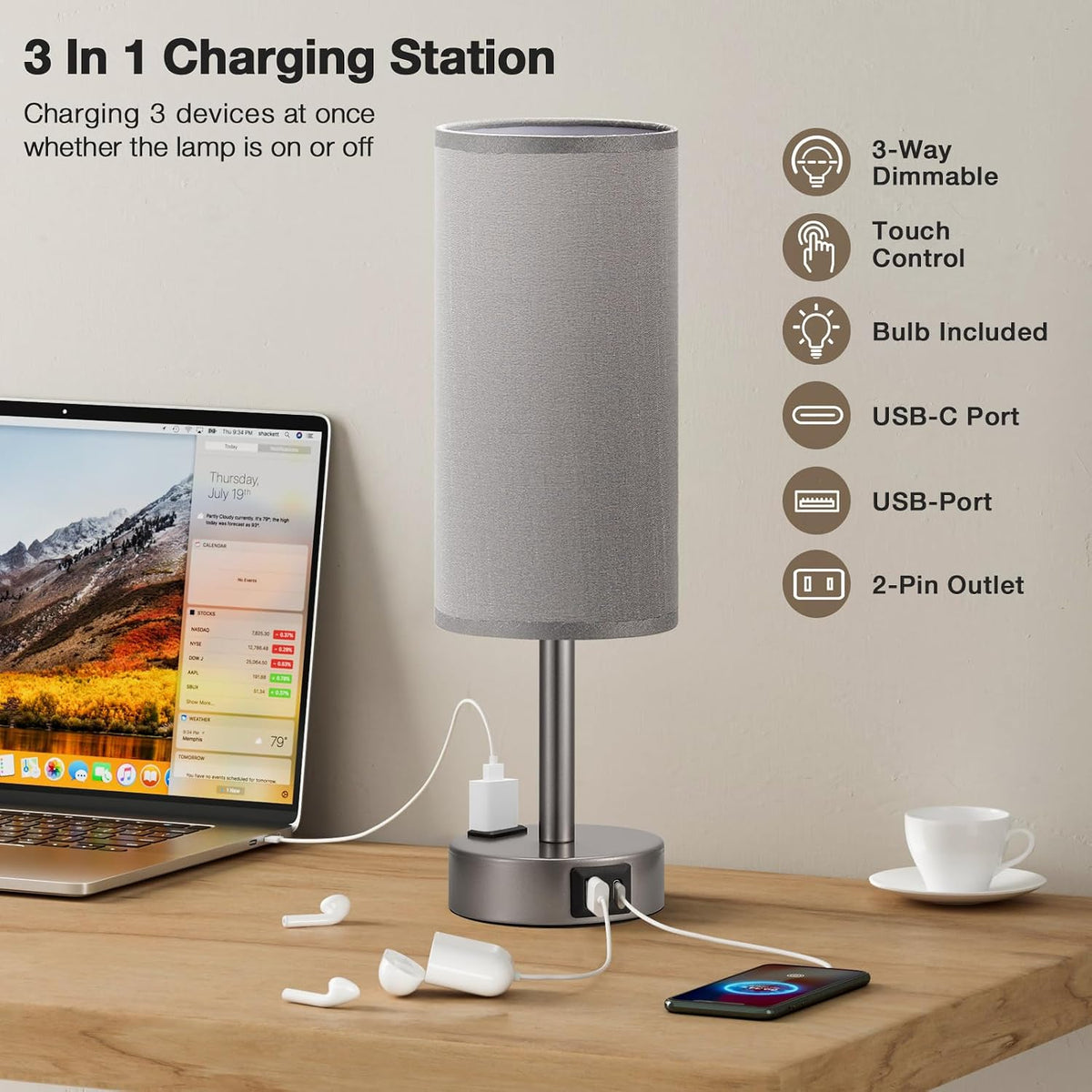 Fenmzee Bedside Table Lamp for Bedroom - Dimmable Touch, USB A+C, AC Outlet