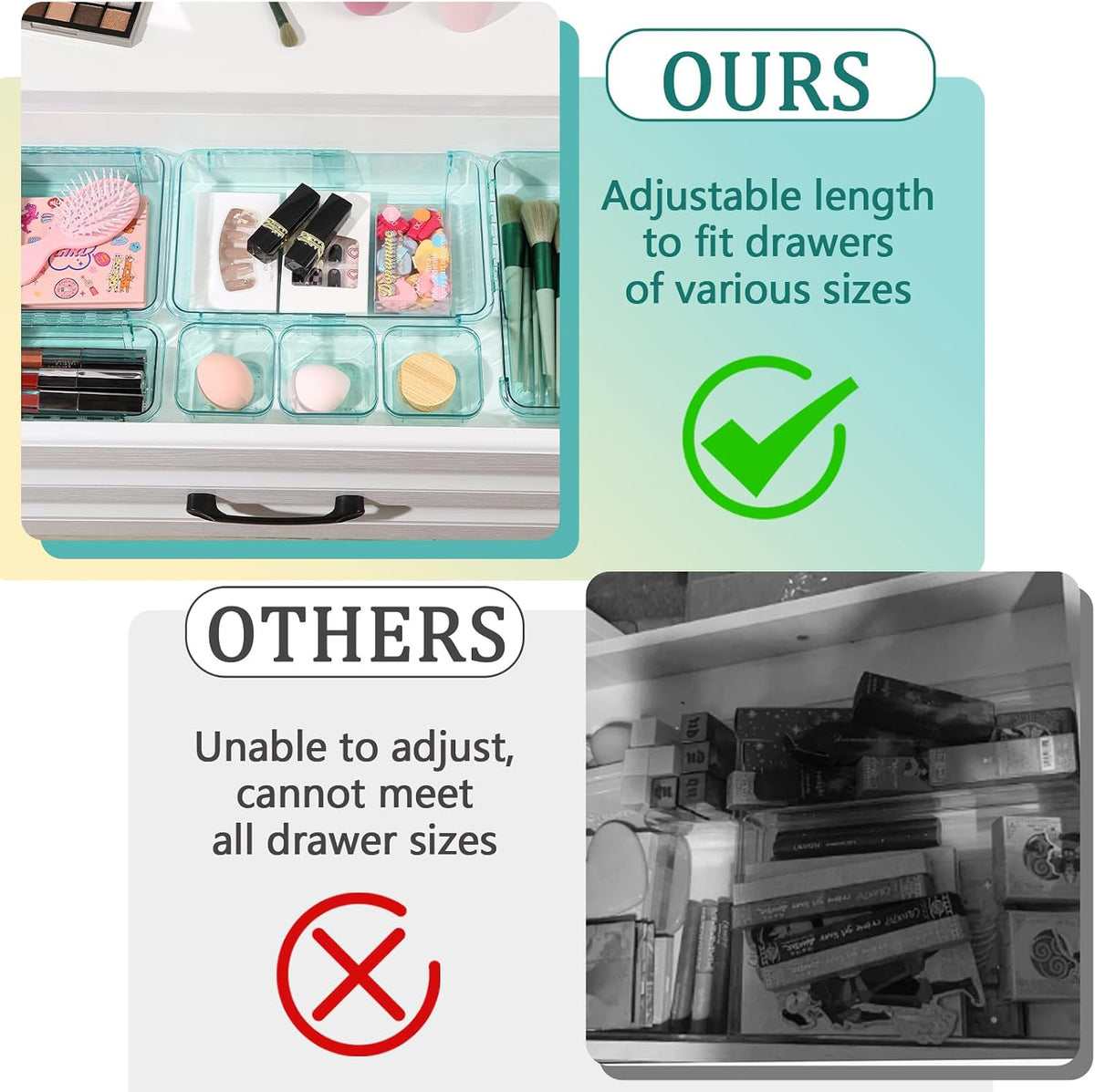Adjustable Clear Drawer Organizer, Extendable Vanity Storage Bins, Desk Drawer Organizer Set for Makeup, Cosmetics, Bedroom, and Gadgets, Purple