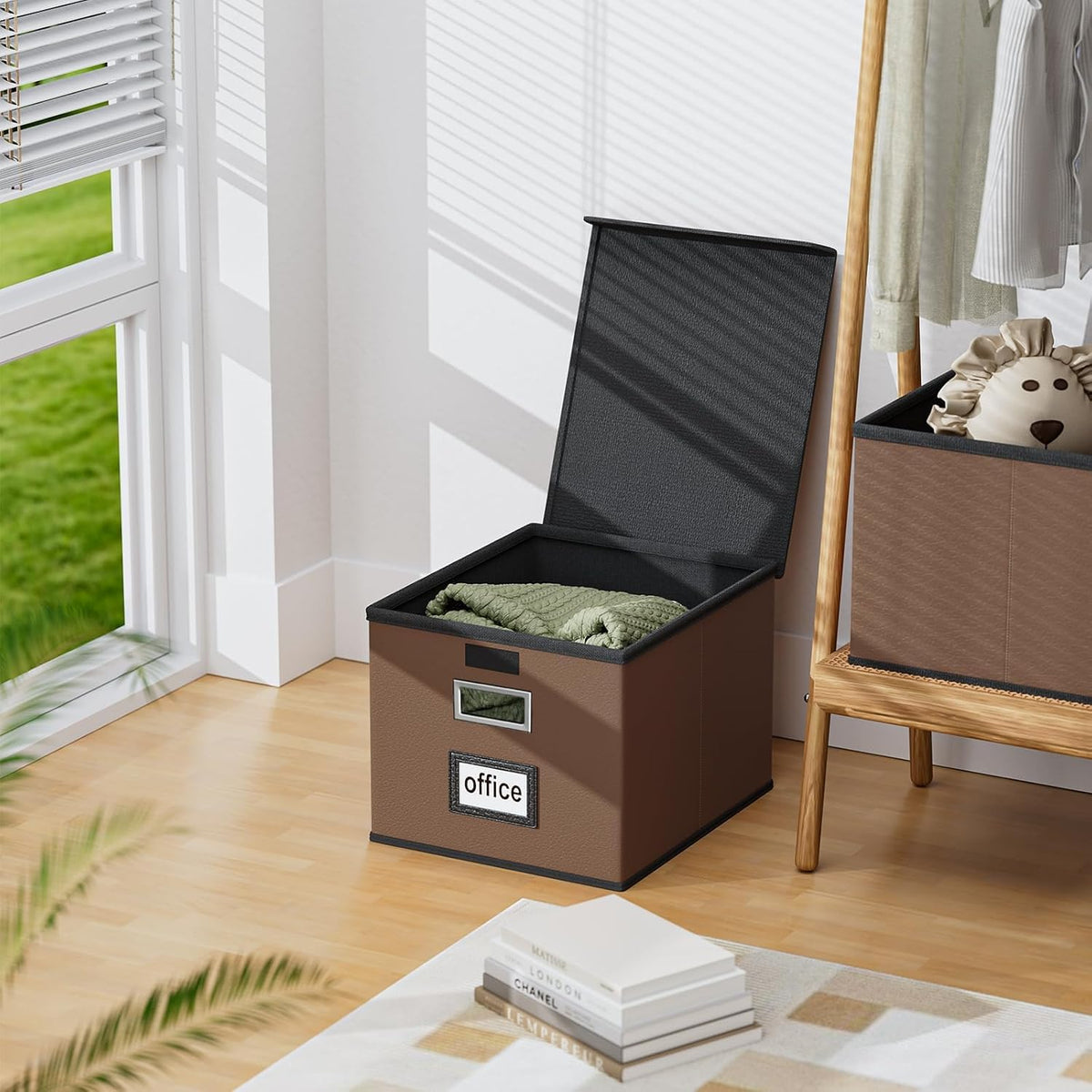 Upgraded Portable File Organizer Box with Lid, Collapsible Linen Hanging Filing Storage Boxes with Plastic Slides, Decorative Home/Office Filing System Box for File and Folders Storage (Gray)