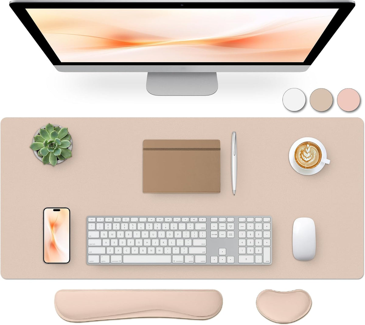 Bloss Leather Desk Pad and Keyboard Wrist Rest, Large Mouse Pad + Keyboard Pad+Mouse Wrist Support, Non-Slip Desk Mat Protector for Office, Home(31.5×15.7 Inches,Beige) - Colors B