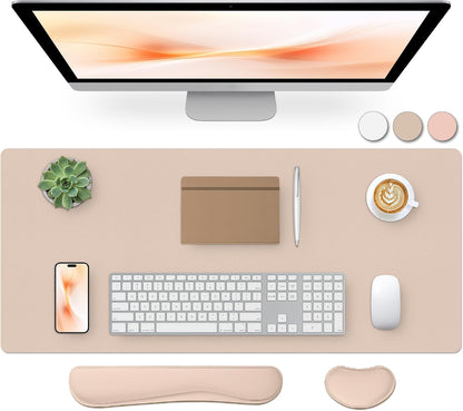 Bloss Leather Desk Pad and Keyboard Wrist Rest, Large Mouse Pad + Keyboard Pad+Mouse Wrist Support, Non-Slip Desk Mat Protector for Office, Home(31.5×15.7 Inches,Beige) - Colors B