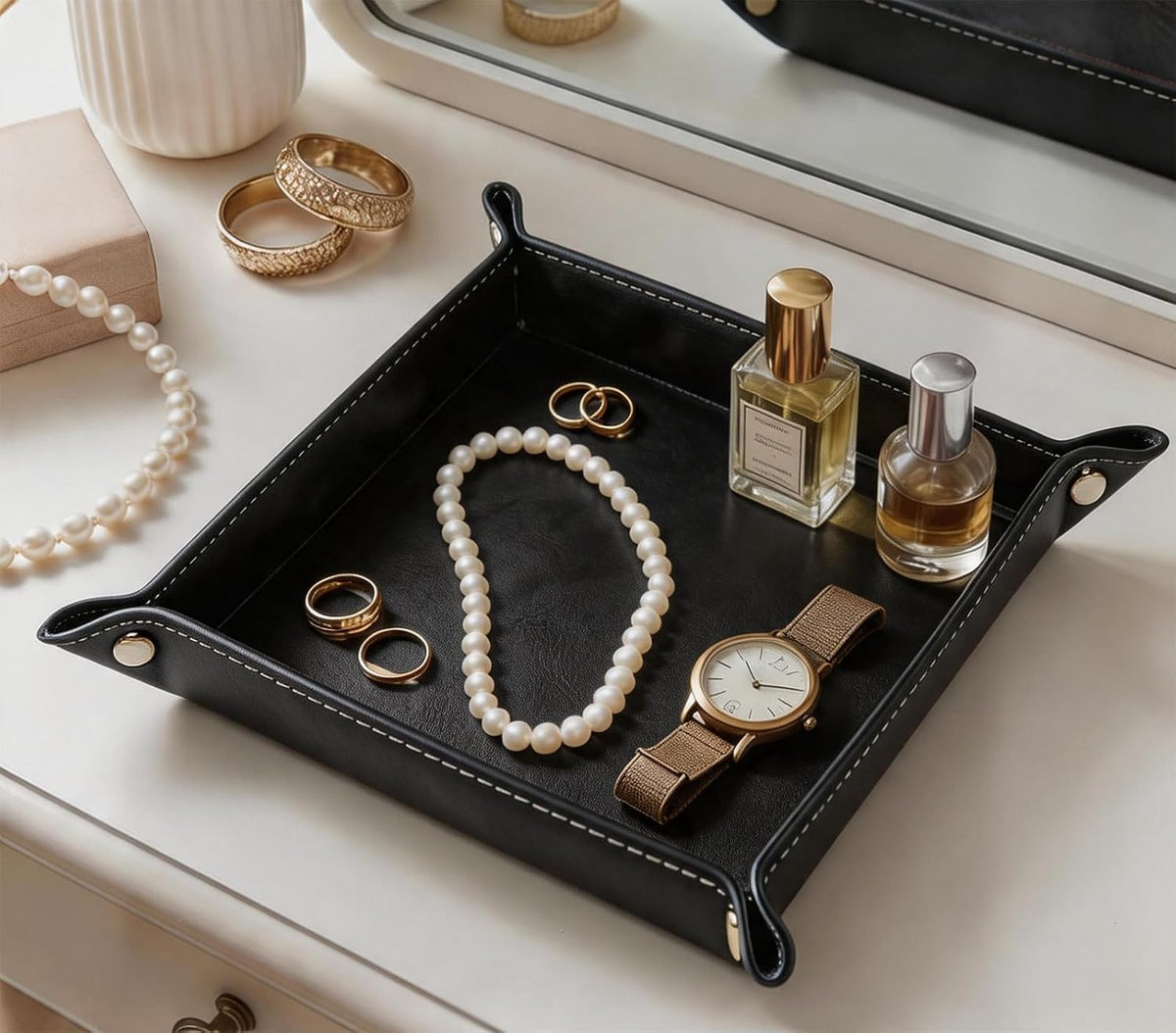 Valet Tray Desktop Storage Organizer – Vegan Leather Catchall Bedside Vanity Tray Nightstand Caddy Holder for Remote Controller, Watch, Keys, Phone, Wallet, Coin, Jewelry (Orange/Black)