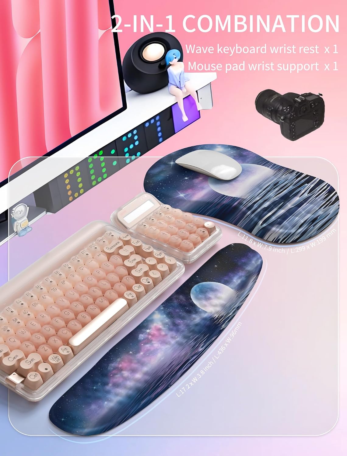 2in1 Combination, Wave Keyboard Wrist Rest and Ergonomic Curvature Mouse Pad Wrist Support for Relieve Wrist Pain, Filled with Soft Cushion Memory Foam, Black
