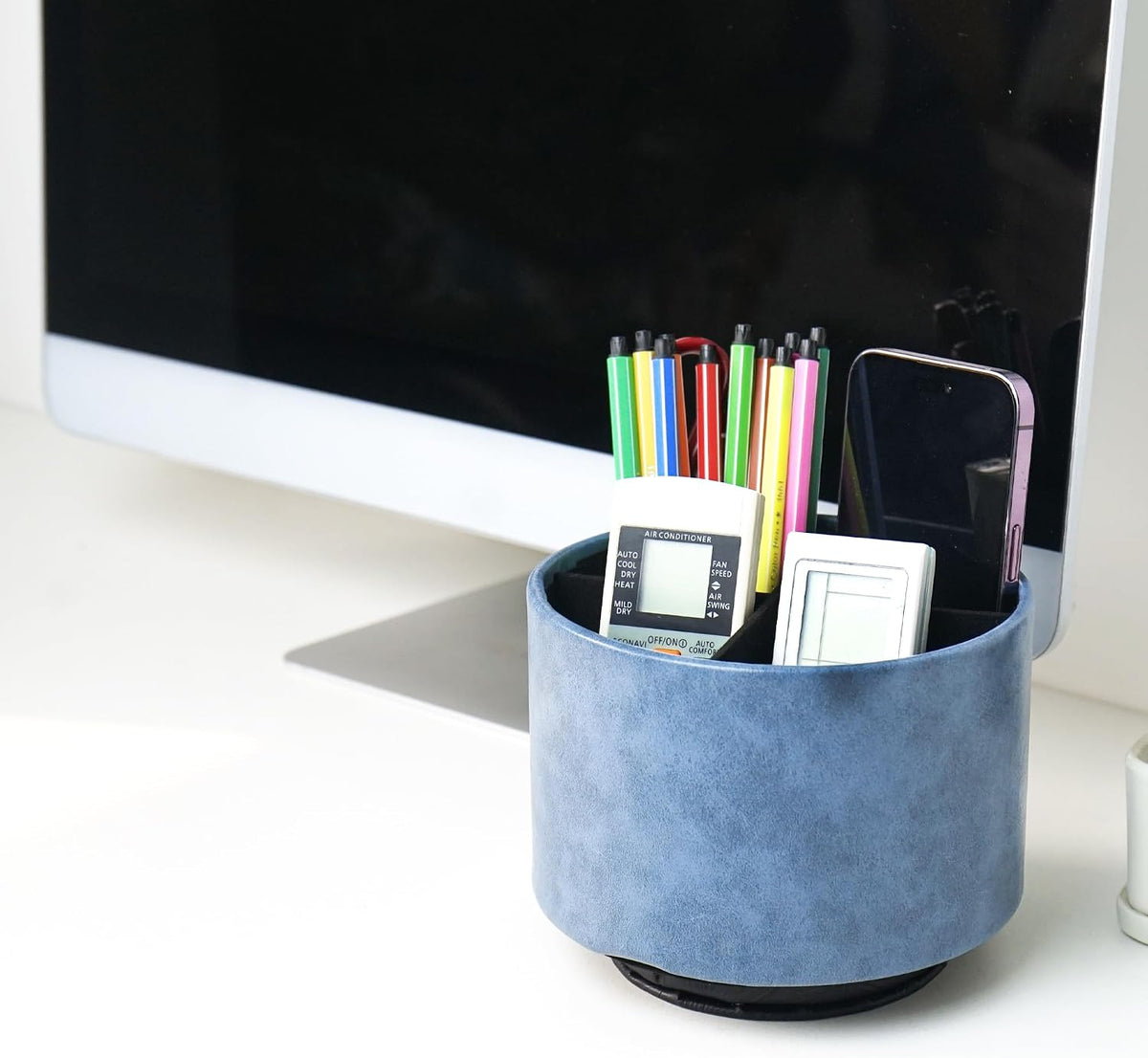 Round Leather Art Supply Organizer,Remote Control Holder,360 Degree Rotating,Multi-Functional Pencil Holder,4 Compartments Desktop Stationary Organizer(1-Blue Bird) - Colors B