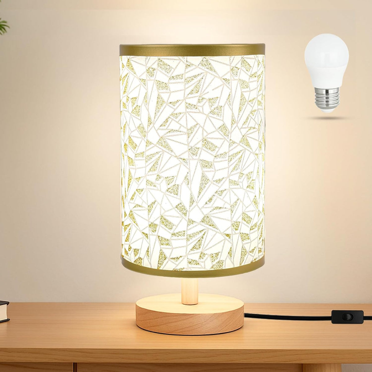 Desk Lamp LED Bulb Included, Small Bedside Table Lamp Plug-in - Classic Wood Base with Flaxen Fabric Shade, Lamps for Night Stands, Simple Nightstand Light for Bedroom, Office, Desk