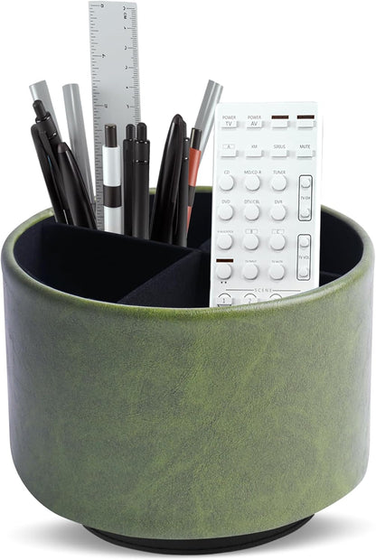Round Leather Art Supply Organizer,Remote Control Holder,360 Degree Rotating,Multi-Functional Pencil Holder,4 Compartments Desktop Stationary Organizer(1-Blue Bird) - Colors C