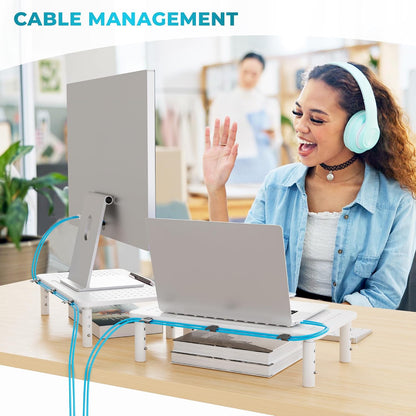 BONTEC Adjustable Monitor Stand Riser with Drawer, Ergonomic Mesh Platform Computer Monitor Stand for Desk, Ventilated Laptop and PC Stand with Cable Management, Supports up to 44lbs