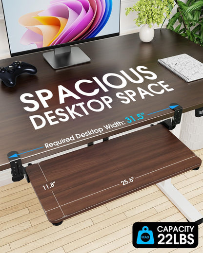 Small Keyboard Tray Under Desk, Pull Out Keyboard & Mouse Tray with Adjustable C-clamp, 20(25.9 Including Clamps) x 11.8 Inch Slide Out Computer Keyboard Drawer Mouse Tray for Typing, Walnut
