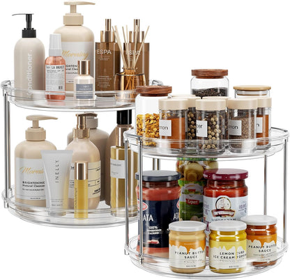 LAMU 2 Tier Lazy Susan Turntable Organizer 9.25'' Rotating Spice Rack Organization for Cabinet, Kitchen, Pantry, Countertop, Bathroom, Vanity, Medicine Cabinet Organizer, Clear