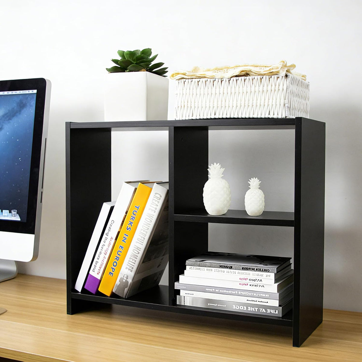Jerry & Maggie Desktop Organizer Office Storage Rack Adjustable Wood Display Shelf Free Style Double H, Multi-Functional Mini Bookshelf for Desk Natural Stand (White)